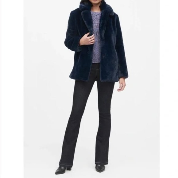 Banana Republic Faux Fur Coat Navy Blue Size Medium - Picture 17 of 17